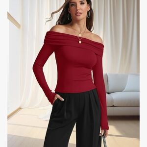 Off-Shoulder Red Top with Black Pants